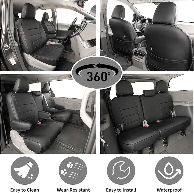 EKR Sienna Seat Covers for 2011-2020 Toyota Sienna LE,XLE, SE,XLE Premium 2nd Row 4/2/4 Split,8 Seats,Waterproof Car Seat Cover Full Set,Car Seat Protectors- Three Row,Leather(Black)