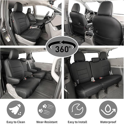EKR Sienna Seat Covers for 2011-2020 Toyota Sienna L,LE,XLE,Limited,7 Seats,2nd Row Captain Seats W/NO Legrest,Waterproof Car Seat Cover Full Set,Car Seat Protectors- Three Row,Leather(Black)