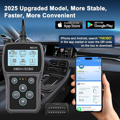 Bluetooth OBD2 Scanner Diagnostic Tool with Battery Tester: Check Engine Code Reader - Plug & Play with Live Data and Trip Analysis, Scan Tool for All OBDII Protocol Cars Since 1996