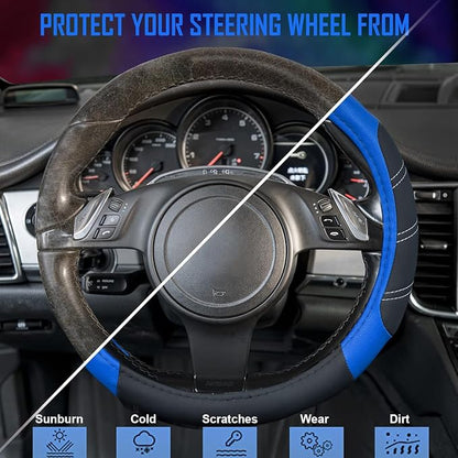 CAR PASS Line Rider Microfiber Leather Sporty Steering Wheel Cover Universal Fits for 95% Truck,SUV,Cars,14.5-15inch Anti-Slip Safety Comfortable Desgin (Black-Blue)