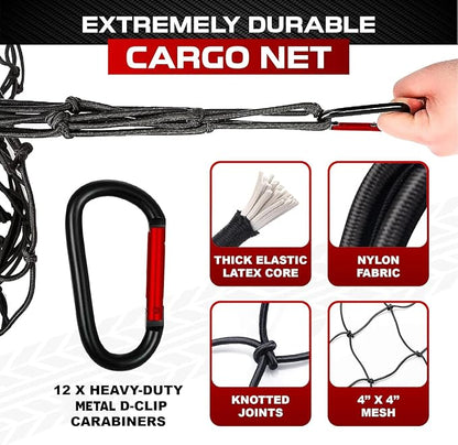 [Premium] 4'x6' Heavy Duty Cargo Net Stretches to 8' x 12', Extra Thick 10mm Cord Bungee Cargo Netting for Pickup Truck Bed, Roof Rack Net & 12 PCS Steel Carabiners