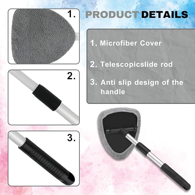 Windshield Cleaning Tool, Car Window Cleaner with Extendable Handle, 4 Microfiber Pads and Spray Bottle, Auto Interior Exterior Glass Wiper Cleaning Kit Universal for RV, SUV, Truck (Gray)