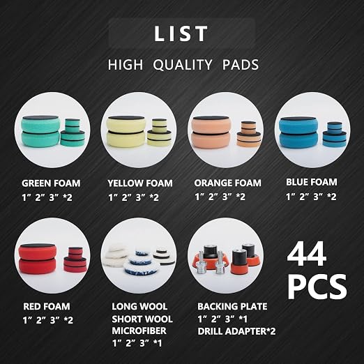 44-Piece Polishing Pad Kit for Drill & Polisher - Foam, Wool, Microfiber Buffing Pads with Backing Plate & Adapter, Car Detailing Supplies for Beginners & Professionals