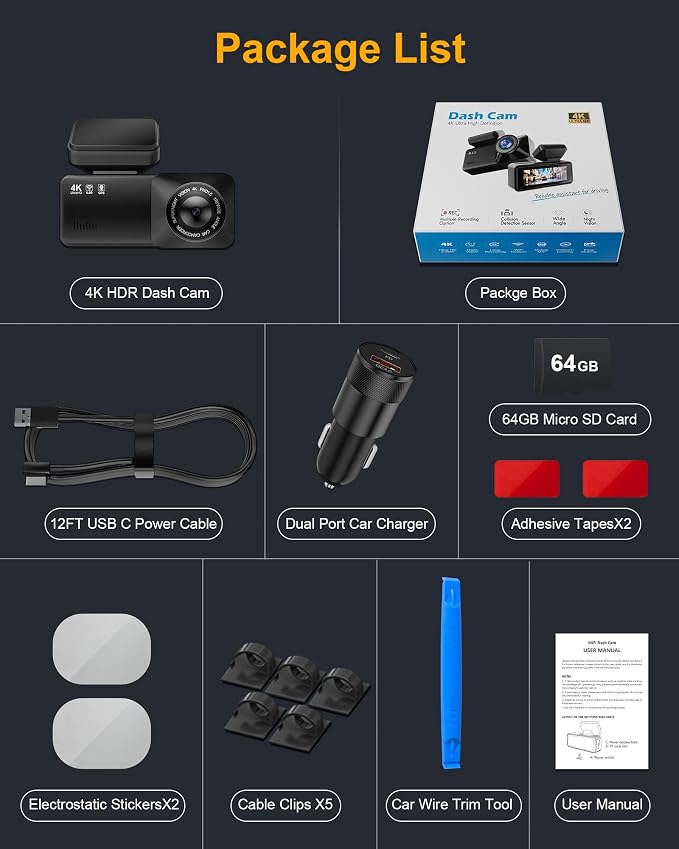 4K Dash Cam Front, Built-in 5.8G WiFi, Free 64GB Card & 48W A+C Car Charger Included, Dash Camera for Cars, Mini Dashcam with Super Night Vision, Loop Recording, G-Sensor, 24 Hours Parking Monitor
