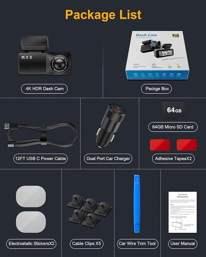 4K Dash Cam Front, Built-in 5.8G WiFi, Free 64GB Card & 48W A+C Car Charger Included, Dash Camera for Cars, Mini Dashcam with Super Night Vision, Loop Recording, G-Sensor, 24 Hours Parking Monitor