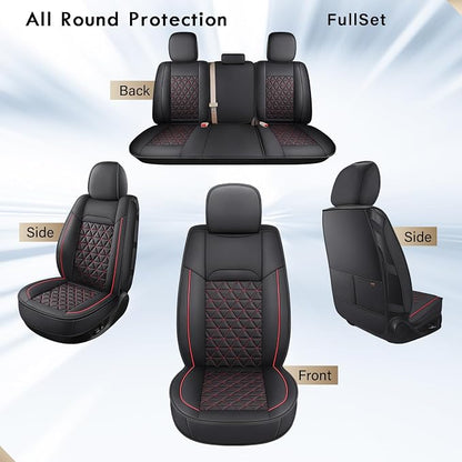 Coverado Leather Car Seat Covers, Waterproof Dooge Ram 1500 Seat Covers Compatible with 2002-2026 Dodge Ram 1500 2500 3500 with Flat Bench (Full Set, Black&Red line)