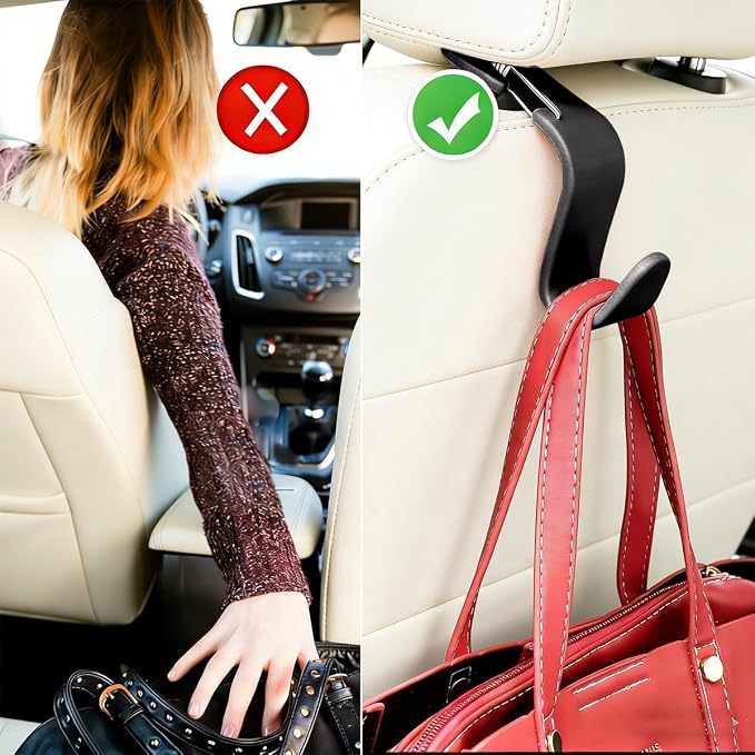 4PCS Car Seat Headrest Hook, Multi-Purpose Seat Back Hanger Purse Bag Handbag Organizer, Auto Interior Backseat Storage Hook Holder for Coat Hat Grocery Umbrella, Universal Fit (Black)