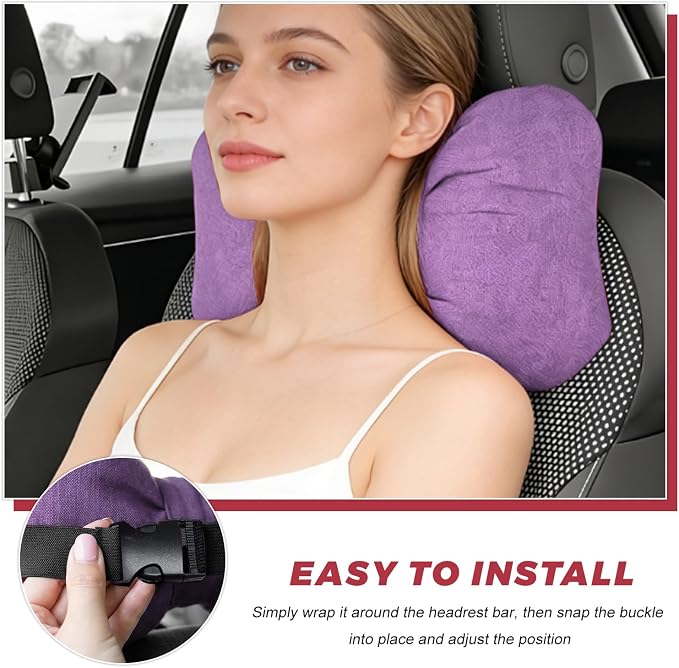 Cute Bow Car Headrest Pillow, Soft Comfortable Bow Auto Seat Pillow with Adjustable Strap, Breathable Ergonomic Neck Support Cushion Bowtie Decoration for Most Vehicles (Purple)