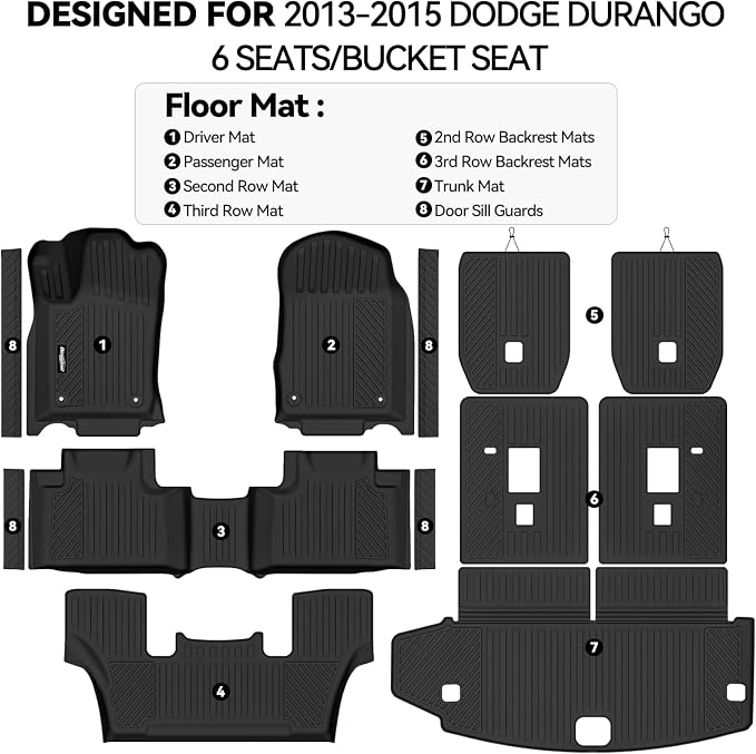 Floor Mats for 2013-2015 Dodge Durango 6 Seats/Captain Seat, Trunk Mat and 2nd/3rd Backrest Mat & Door Sill Guard All Weather TPE Protector for Dodge Durango Accessories