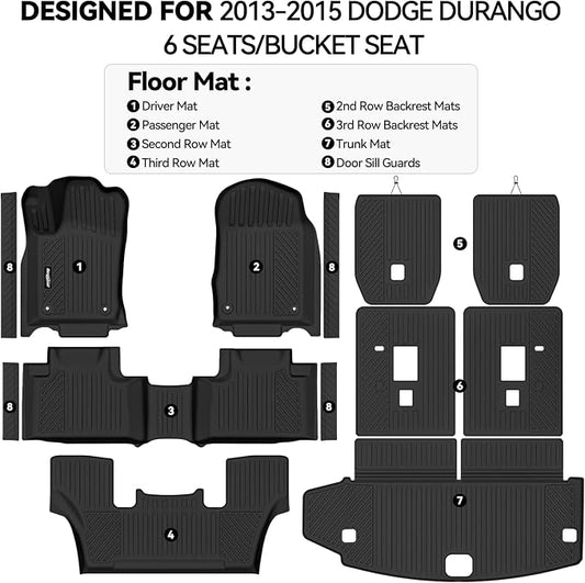 Floor Mats for 2013-2015 Dodge Durango 6 Seats/Captain Seat, Trunk Mat and 2nd/3rd Backrest Mat & Door Sill Guard All Weather TPE Protector for Dodge Durango Accessories