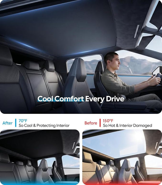 Wigoo Tesla Cybertruck Sunshade Roof [Never Sag, Nano Ice-Crystal Coatings] 3rd-Gen Heat Insulation Glass Roof Sun Shade, Accessories for Tesla Cybertruck 2023~2026, Tesla Interior Black