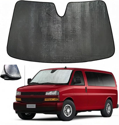 Car Windshield Sun Shade for Chevrolet Express 1996-2025 2026 Front Window Sunshade Sun Visor Protection Cover Accessories -5-Layer Bubble Foldable Thicken Blocks Heat & UV Rays Keep Car Cooler