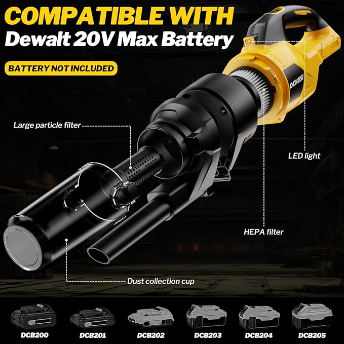 Cordless Vacuum Cleaner for Dewalt 20V Battery, 6 in 1 Handheld Electric Vacuum Cleaner with HEPA Filter and LED Light, 46 CFM Portable Hand Vacuum for Floor, Carpet, Car (Battery Not Included)
