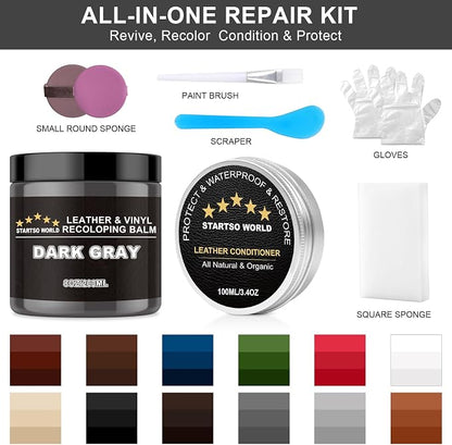 STARTSO WORLD 200Ml Leather Recoloring Balm with 100ML Leather Conditioner,Dark Gray Leather Repair Kit for Furniture, Leather Dye, Leather Scratch Repair, Leather Couch Paint