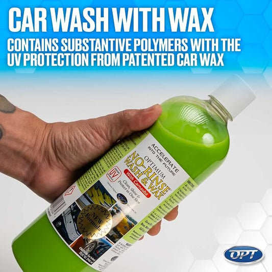 Optimum No Rinse Wash and Wax – Rinseless Car Wash Formulated with Carnauba Wax with UV Protection - For Cars, RVs, Trucks, Motorcycles and more (8 oz.)