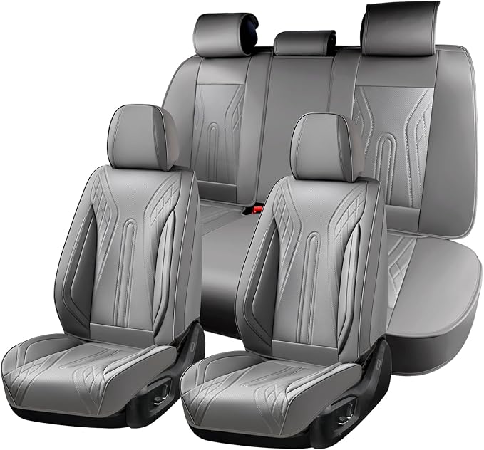 Huidasource Car Seat Covers Full Set, Universal Fit for Most Cars SUV Trucks, Full Coverage Nappa Leather Seat Cover, Airbag, Cupholder Compatible, Velcro Adjustable, Seat Function Retain, Gray