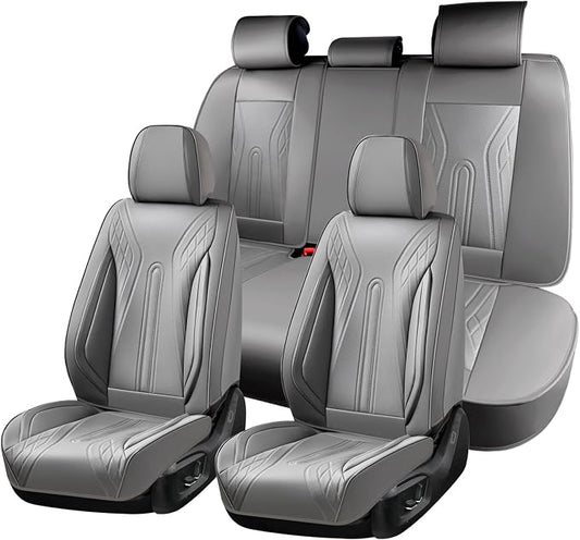 Huidasource Car Seat Covers Full Set, Universal Fit for Most Cars SUV Trucks, Full Coverage Nappa Leather Seat Cover, Airbag, Cupholder Compatible, Velcro Adjustable, Seat Function Retain, Gray