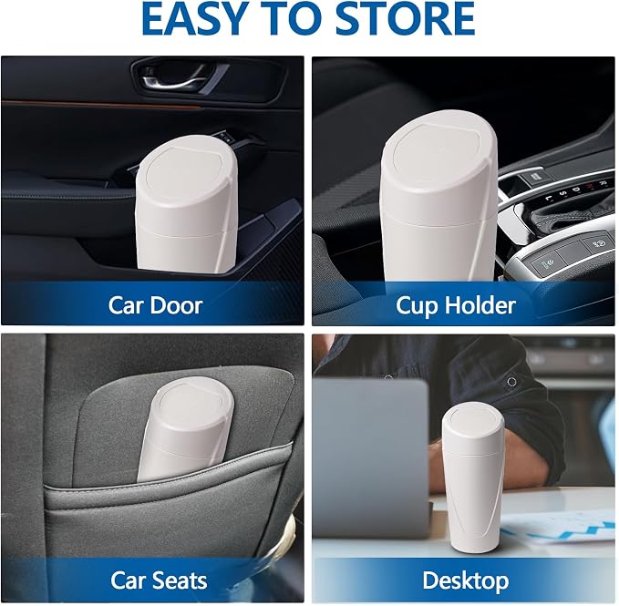 Hovom Mini Car Trash Can with Lid, Portable Garbage Can for Car, Leakproof Cup Holder Automotive Garbage Bin with 2 Rolls of Trash Bags, Small Trash Storage Can for Car Home Office(White)