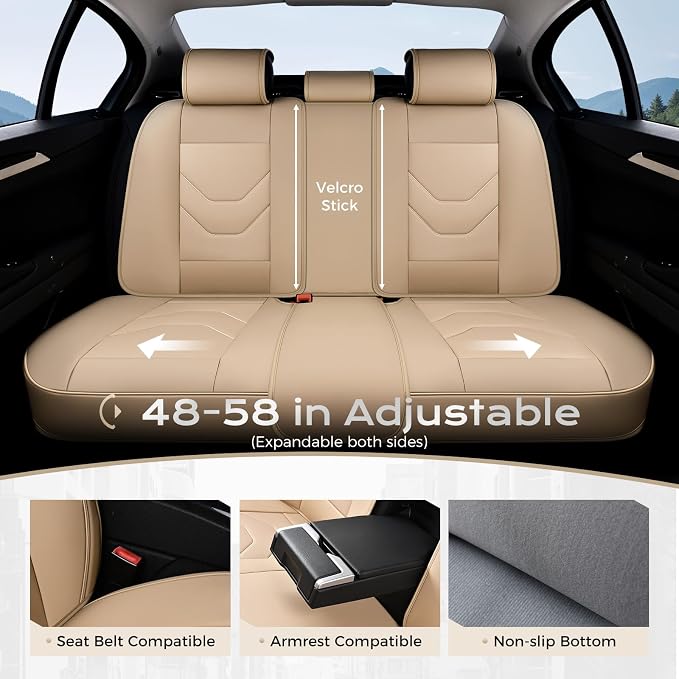 Coverado Car Seat Cover Full Set, Front and Rear Seat Cover for Car, Leather Car Seat Protector, Beige Universal Seat Covers, Waterproof Car Seat Cushion, Automotive Seat Covers Fit for Most Vehicles