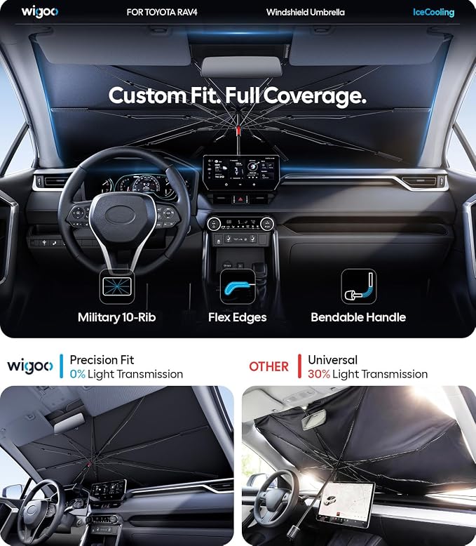 Wigoo Windshield Sun Shade Umbrella for Toyota RAV4 2019-2026 [100% Sun Blockage, Ice Cooling Fabric] Foldable Heat Insulation Front Window Sunshade Umbrella for Toyota RAV4 2019-2026