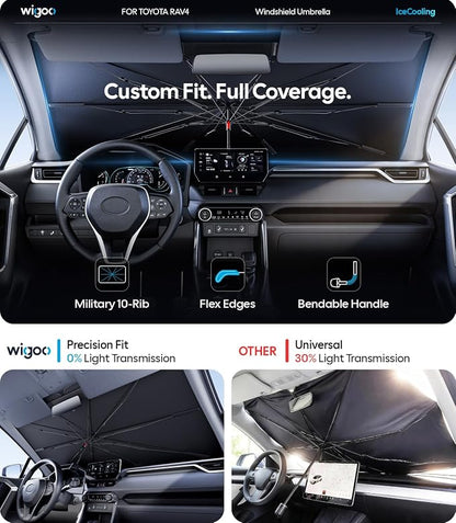 Wigoo Windshield Sun Shade Umbrella for Toyota RAV4 2019-2026 [100% Sun Blockage, Ice Cooling Fabric] Foldable Heat Insulation Front Window Sunshade Umbrella for Toyota RAV4 2019-2026