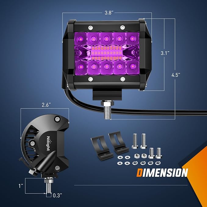 Nilight 4 Inch LED Light Pods Purple Triple Row 2PCS 60W Flood Spot Combo Off Road Driving Decoration Neon Hunting Lighting for UTV Pick-up Van Boat Tractor