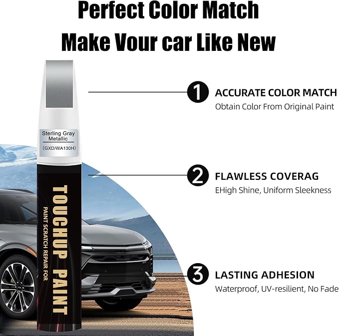 Sterling Gray Metallic(GXD/WA130H) Car Paint Touch Up Pen for Chevy, 2-In-1 Color Accurate Touch Up Car Scratch Repair Paint Match Chevy Series Automotive Scratch Remover for Nicks & Chips Repair