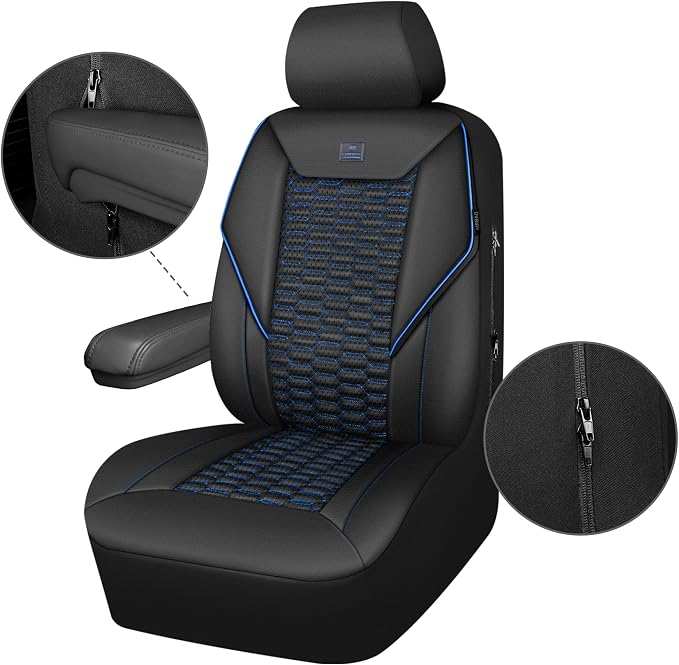 CAR PASS 3D Foam PU Leather Car Seat Covers Full Set,Luxury Breathable Faux Leather Seat Covers for Car,Anti Slip Universal Fit for SUVs Vans Sedan Truck Auto,Armrest Airbag Compatible,Black and Blue
