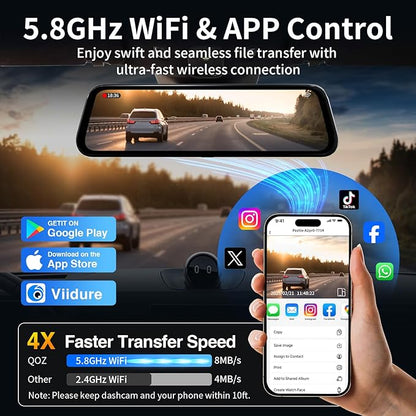 3 Channel Mirror Dash Camera, 4K/3K+2.5K/1080p+1080p Rear View Mirror Camera with GPS, APP Control, WDR Night Vision, G-Sensor, Loop Recording, 24 Hours Parking Monitor, 64GB Card Included
