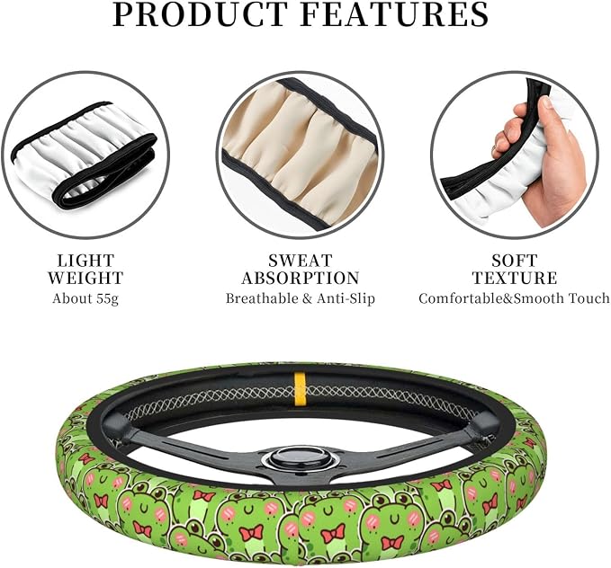 Cute Green Frog Steering Wheel Cover for Women,Universal Auto Steering Wheel 14-15 Inch Car Interior Accessories with 2PCS Car Coasters,Suitable for Men and Women