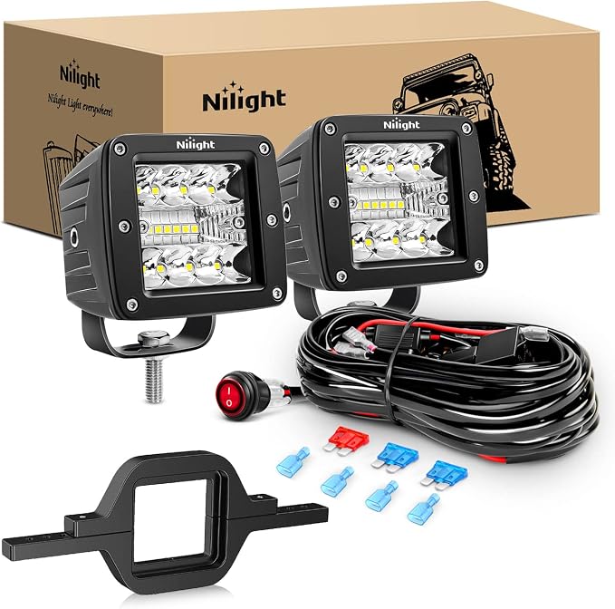Nilight 2Pcs 3 Inch Led Pods Cubes 2 Inch Tow Hitch Mounting Brackets LED Backup Reverse Lights Rear Search Light Bar Wiring Harness Kit -2 Leads for SUV Truck Trailer
