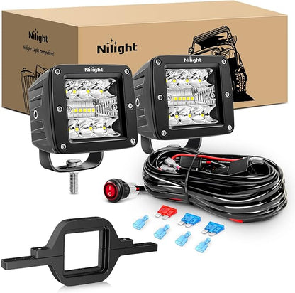 Nilight 2Pcs 3 Inch Led Pods Cubes 2 Inch Tow Hitch Mounting Brackets LED Backup Reverse Lights Rear Search Light Bar Wiring Harness Kit -2 Leads for SUV Truck Trailer