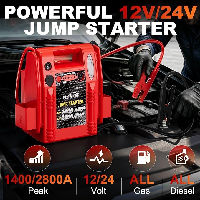 2800A/1400A Heavy Duty 12V/24V Car Jump Starter & Battery Booster – Jumper Pack, Lead-Acid Emergency Power for Cars, Trucks, SUVs, Boats, RVs | FlyAuto