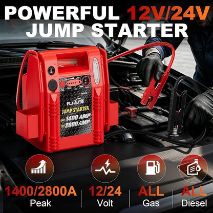 2800A/1400A Heavy Duty 12V/24V Car Jump Starter & Battery Booster – Jumper Pack, Lead-Acid Emergency Power for Cars, Trucks, SUVs, Boats, RVs | FlyAuto