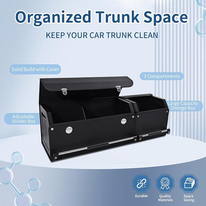 Car Trunk Organizer, Leather Trunk Organizer for SUV with Lid and Sturdy Handle Collapsible Adjustable Storage (Black, 41 x 11.4 x 12.2in)