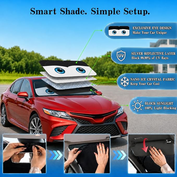 Car Windshield Sun Shade, Funny Cartoon Eyes Car Sun Shade, UV Heat Protection Windshield Cover Universal Fits Mid-Large Sedan SUV Crossover Family Vehicle - 63 x 31.5