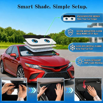 Car Windshield Sun Shade, Funny Cartoon Eyes Car Sun Shade, UV Heat Protection Windshield Cover Universal Fits Mid-Large Sedan SUV Crossover Family Vehicle - 63 x 31.5