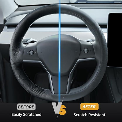 Uxcer Nappa Leather Steering Wheel Cover Compatible with Tesla Model 3/Y 2016-2025 2026 Juniper/Highland, Non-Slip Breathable Model 3/Y Steering Wheel Protector, Black