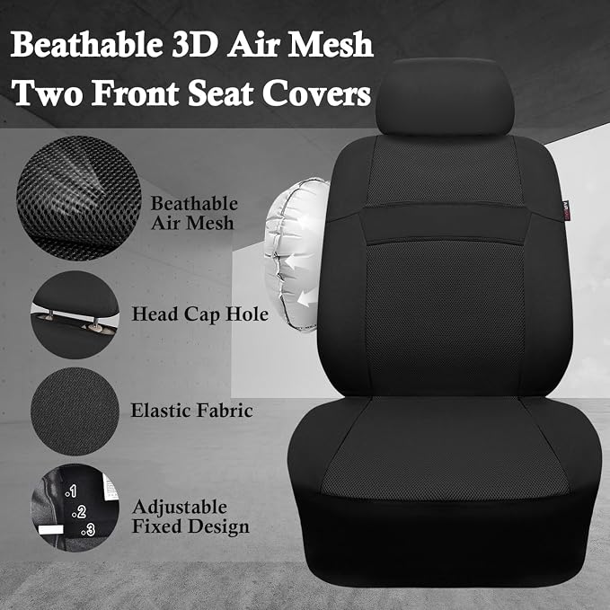 CAR PASS 3D Air Mesh Car Seat Covers Two Front Seats Only, Universal Seat Covers for Car Fit SUV,Vans,Sedan,Trucks, Breathable Automotive Interior Seat Covers Airbag Compatible (Black)