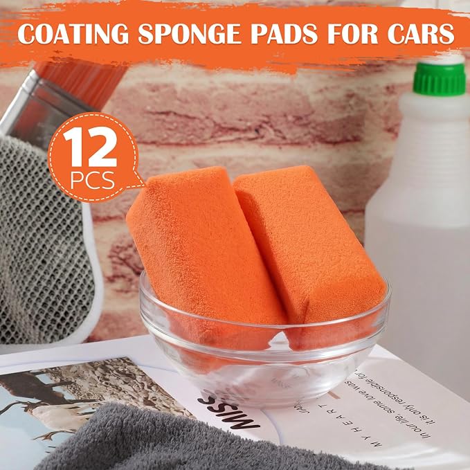 Riakrum 12 Pack Microfiber Applicator Pads Suede Car Detailing Sponge Ceramic Coating Applicator Pads Coating Sponge for Cars Graphene Metal Plastic Trim Ceramic Spray Applying Wax (Orange)