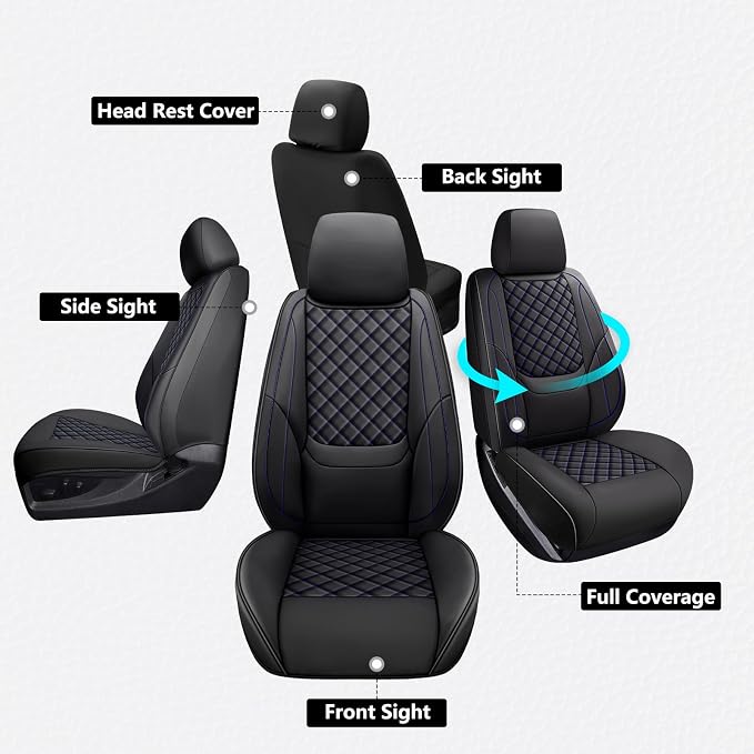 Ram 1500 Seat Covers 2009-2018 Full Set, Truck Interior Sets with Lumbar Support Custom Fit for Dodge Ram 1500/2500/3500 Crew/Quad/Mega Cab with Rear Curved Bench, Black Blue