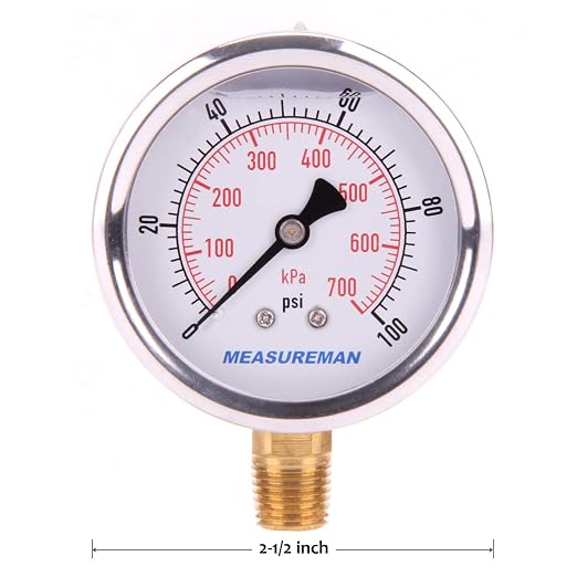 MEASUREMAN Pressure Gauge 1/4 NPT, 0-100psi/kPa Glycerin Filled Pressure Gauge with 2.5 Inch Dial Size and 304 Stainless Steel Case (0-100 psi, Lower Mount)