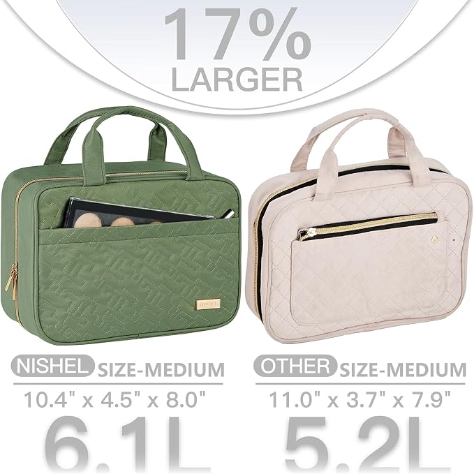 NISHEL Travel Toiletry Bag for women, Portable Hanging Organizer for Travel-Sized Shampoo, Conditioner, Brushes Set, Makeup Accessories, Medium Size, Purple, Bronze Green