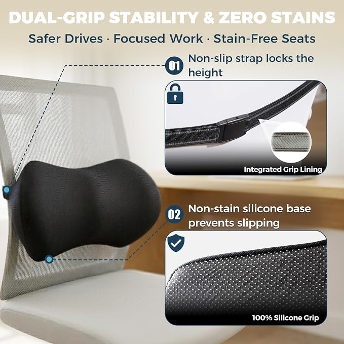 Lumbar Support Pillow for Car with Dual-Grip Stability System - Advanced Adaptive Memory Foam Back Pillow for Lower Back Pain Relief, Ergonomic Driving Seat & Office Chair Cushion, Black