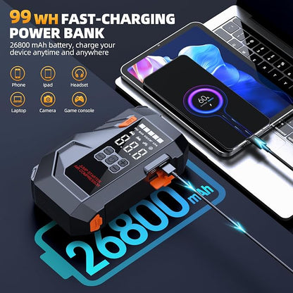 10-in-1 Portable Car Battery Jump Starter with Air Compressor, Jump Starter 6000A 26800mAh 160PSI (All Gas/12L Diesel), 12V Jump Box Car Battery Jumper Starter Portable Jumper Cables, Lights