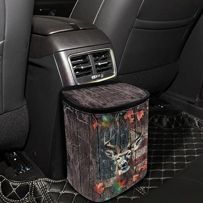 Talayituse Deer Wood American Flag Print Car Trash Can, Portable Auto Garbage Bin Multifunctional Vehicle Interior Accessories with Adjustable Straps Universal Fit Truck SUV Sedan
