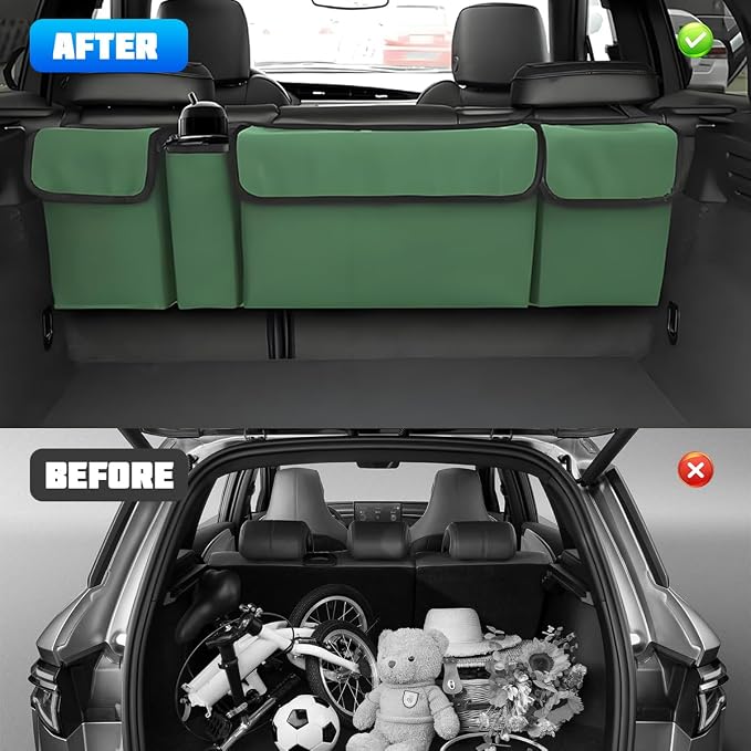Car Trunk Organizer with Lid, Large Waterproof Vehicle Backseat Hanging Storage Bag with 4 Pockets & Adjustable Straps, Collapsible Automotive Interior Cargo Bag, Universal Fit (Green)
