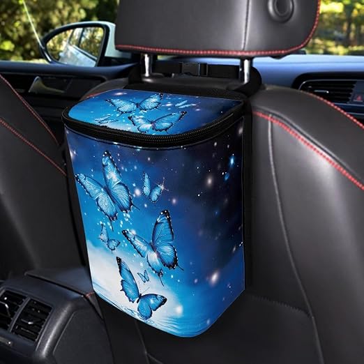 BIGCARJOB Blue Butterflies Car Trash Bin for Back Seat Car Interior Accessories Waste Basket Storage for Vehicle Truck,Women Girls Travel Camping Picnic Lage Trash Can Garbage Bin