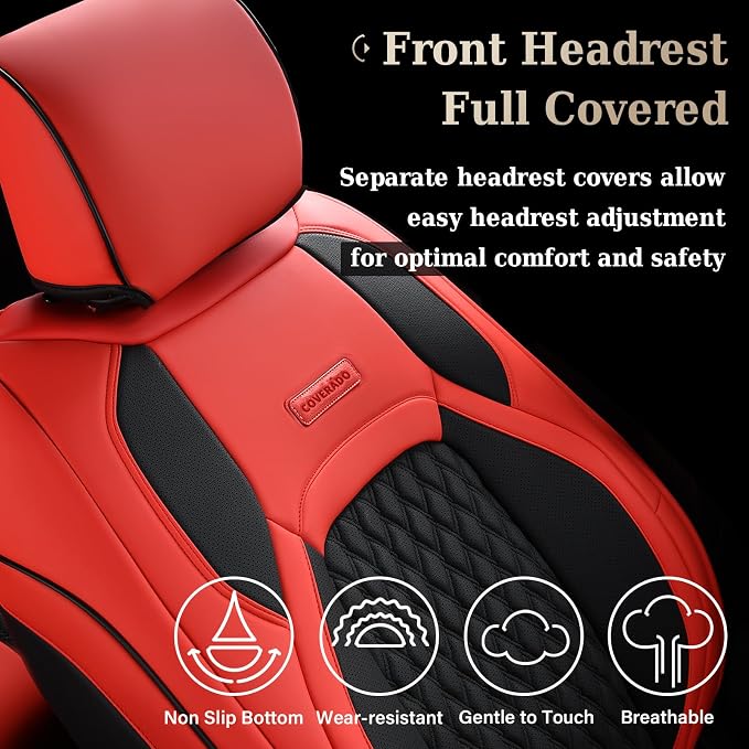 Coverado Front Seat Covers for Ford F150 2015-2026, F250 F350 F450 2017-2026 SuperCrew Crew Cab, Red Leather Car Seat Covers, Full Coverage
