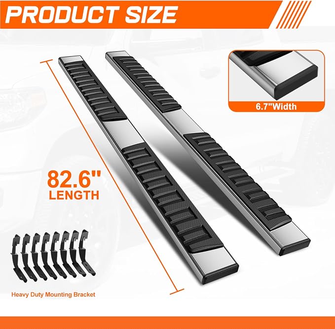 6.7" Running Boards Side Steps for Truck Compatible with 2007-2019 Chevy Silverado/GMC Sierra 1500 2500HD 3500HD Crew Cab, Stainless Steel Flat Side Steps Nerf Bars